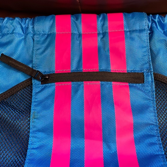 Adidas Cinch Back Pack, string closure blue front with pink stripes, black back - Picture 3 of 5